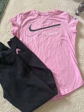 Nike Pink Tee and Leggings with Black & White Swooshes
